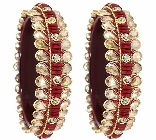 Image of NMII Glass Golden Zircon Stone & Kundan Beads Kada Set For Women & Girls | Fancy Design Kada Bangles | Traditional Look Kangan | Glass Bangles For Women Wedding, Party, Function, Daily use- Set of 2