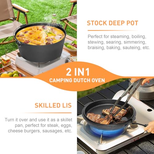 Image of Camping Dutch Oven, 9 Qt Pre-Seasoned Cast Iron Camp Dutch Oven Pot with Lid - Lid Lifter, Cast Iron Dutch Oven with Metal Handle for Cooking BBQ Baking Campfire Modern Black