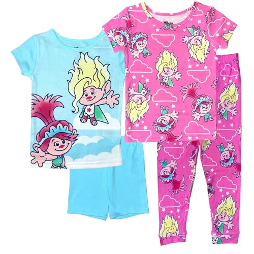 DreamWorks Trolls Girls' 4-Piece Pajama Set – Short Sleeve Tops, Shorts, and Pants – Character Sleepwear