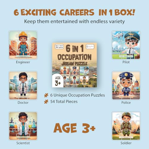 Image of 11 Strokes 6 in 1 Occupation Jigsaw Puzzle for Kids Age 3+ | 54 Pieces | Doctor Farmer Pilot Teacher Police Chef | Premium MDF | Career Learning Toy