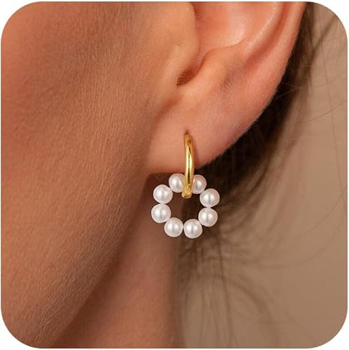 Pearl Earrings for Women - Dainty Gold Earrings Trendy 14K Gold Plated Freshwater Pearl Dangle Hoop Stud Earrings for Women Wedding Jewelry Gift for Women