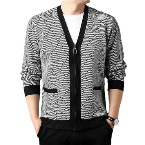 Men's Cardigan Long Sleeved Zipper Knitted Sweater Diamond Grid Knitted Cardigan Men Clothing