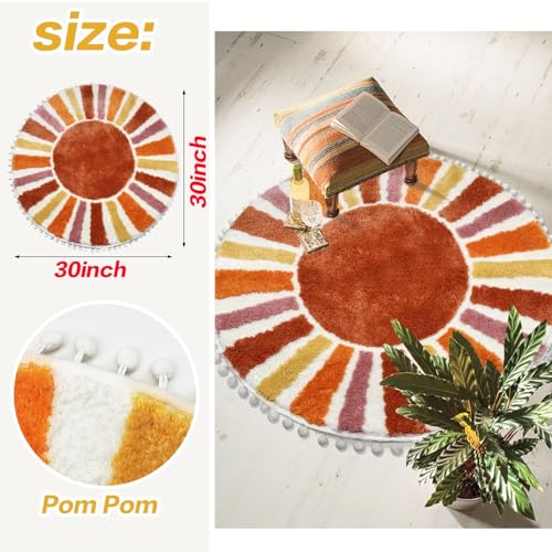 Baccessor Boho Round Rugs Area Rug 2.5 ft/30 inch Cute Bohemian Sun Circle Area Rug Mat Tufting Soft Plush with Pom Pom Non-Slip Washable for Kids Pets Bedroom(Orange)