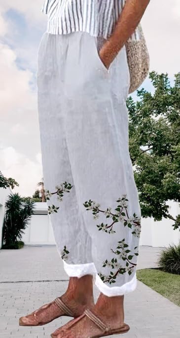 Womens Fashion 2024 Summer Casual Star Printed Palazzo Pants Loose Elastic Waist Cotton Trouser Flowy Leg Pants - Image 2