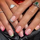 OCOUYVD French Tip Square Shaped Press on Nails - Short Fake Nails With Rainbow Colorful Design, Glossy Pink Full Cover Acrylic, Square Stick on for Women and Girls - 24 Pcs
