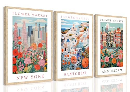 YUFEIART 3 Piece Flower Market Framed Wall Art City Floral