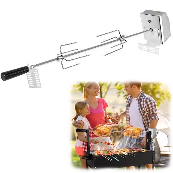 YUENFONG Juego de brochetas para Barbacoa, Incluye 2 Pinzas para Carne, 1 Motor eléctrico, pincho Giratorio de Acero Inoxidable (Motor 220-240 V), 107 cm, para asador Giratorio y Parrilla de Gas