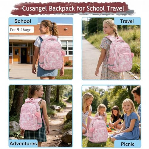Image of Cusangel Pink Girl School Backpack for Kids 6-12 ages, 16in Cute Bookbag Water Resistant, 7 Pockets, Adjustable Chest Strap, Reflective Strip, Large Bookbag For travel,Gifts,Summer Camps