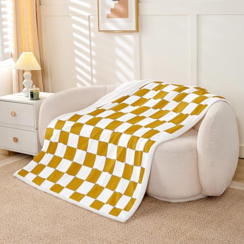 Image of Erosebridal White Yellow Checkered Fleece Bed Blanket Buffalo Plaid Grid Throw Blanket Queen 90 inchX90 inch for Kids Teen Adults Checkerboard Sherpa Blanket Aesthetics Geometric Gingham Flannel Blanket