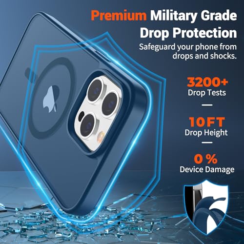 Image of SUPFINE Magnetic for iPhone 13 Pro Case with Screen Protector (Compatible with MagSafe) (Military Grade Drop Protection) Translucent Matte Shockproof with Anti-Fingerprint Phone Case,Deep Blue