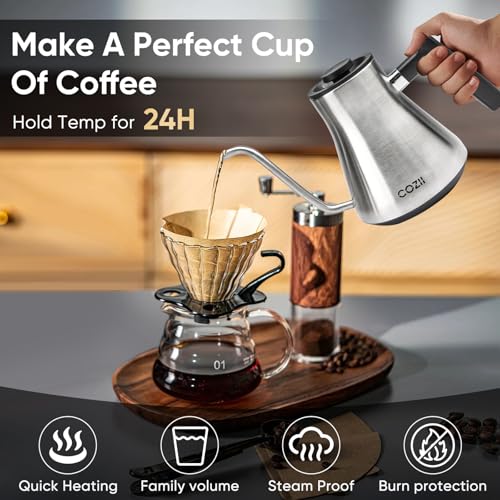 Image of COZII Electric Gooseneck Kettle, 5 Presets & ±1℉ Temperature Control 1000W /0.9L Quick Heating Water Boiler for Coffee /Tea, 24H Keep Warm, Auto Shut Off Pour Over Kettle with 50pcs Coffee Filter,Silver