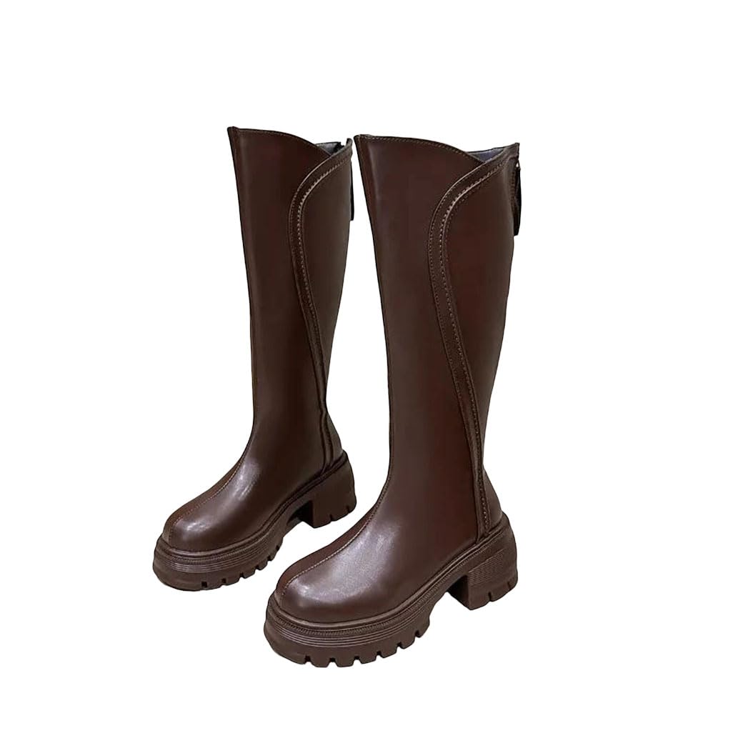 Womens Winter Vintage Platform Knight High Boots Soft Leather Thick Sole Stretch Slim Long Booties