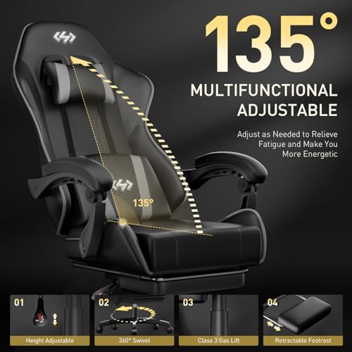 Image of HLDIRECT Gaming Chair, Ergonomic Computer Office Chair with Lumbar Support, Footrest, Headrest, PU Leather, 360 Swivel, Adjustable Height, Metal Frame, 200 lbs Capacity (Black&Grey)