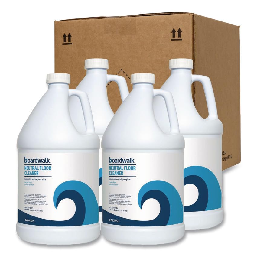 Boardwalk Neutral Floor Cleaner, 1 Gallon Bottle, 4-Pack, Lemon Scent, Neutral pH Formula, Use in Spray, Scrubber or Bucket, Made in the USA