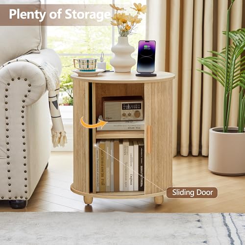 Image of 18 Inch Mid-Century Fluted Nightstand Set of 2, Farmhouse Round End Table with Charging Station & Sliding Door, Bohemia Wooden Bedside Table with Storage for Living Room, Bedroom (18 inch, Natural)