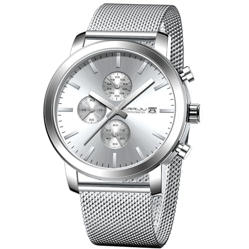 CRRJU Mens Stylish Casual Quartz Watches for Men Luxury Waterproof Calendar Chronograph Japan Movement Wristwatches M silver white