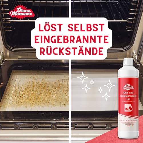 GLANZMOMENTE ® Grill- und Backofenreiniger Gel - 1000ml - Wirkt gegen stärkste Verschmutzungen Geeignet für Backofen, Grill, Kaminscheiben, Bleche-Biologisch abbaubar - Ohne Chlor & Bleichmittel