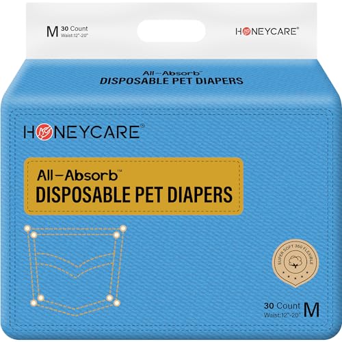 Image of Honeycare Female Dog Diapers, Disposable Diapers for Female Dog with Stretchy Waist, Dog Pull-Ups for Easy wear, Dogs in Heat Period Super Absorbent Leak-Proof Doggie Diapers, Size Medium, 30 Count