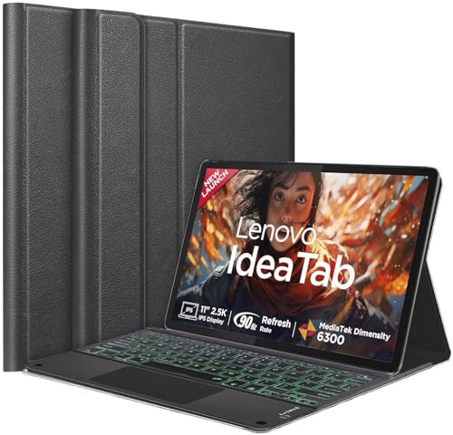 Image of HOM Tri-Fold 7-Colour Backlight Detachable Wireless Bluetooth Keyboard with Trackpad /Touchpad Tablet Cover Case for Lenovo idea Tab 11-inch Tablet - Black