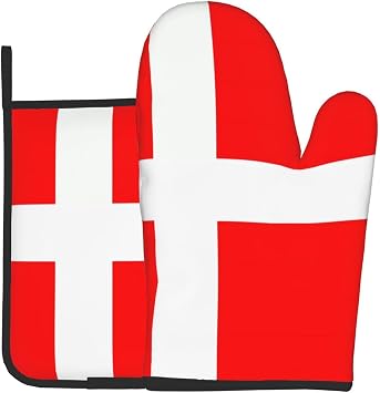 Denmark Danish Flag Print Oven Mitts and Pot Holders Sets, Funny Heat Resistant Gloves and Potholders, BBQ Over Mitts for Kitchen Baking Grilling, 2 Pcs