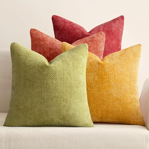 Image of MIULEE Pack of 4 Burnt Orange Couch Throw Pillow Covers 20x20 Inch Yellow Green Soft Decorative Chenille Pillows Farmhouse Accent Cushions for Boho Home Decor Spring Sofa Bedroom Living Room