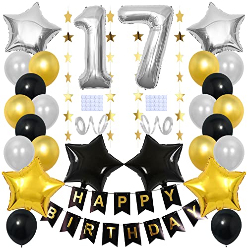 Yijunmca Globos para fiesta de 17 cumpleaños, decoración de globos con número 17 con forma de estrella globo de helio látex ideal para mujeres hombres suministros de 17 cumpleaños, plateado y negro Cover