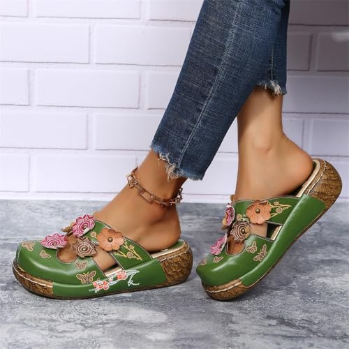Women's Tribal Flower Platform Mules Summer Closed Toe Wedge Sandals PU Leather Non-Slip Beach Shoes2