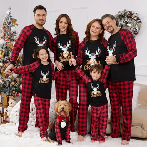 Image of IFFEI Matching Family Pajamas Sets Christmas PJ's with Letter and Plaid Printed Long Sleeve Tee and Bottom Loungewear