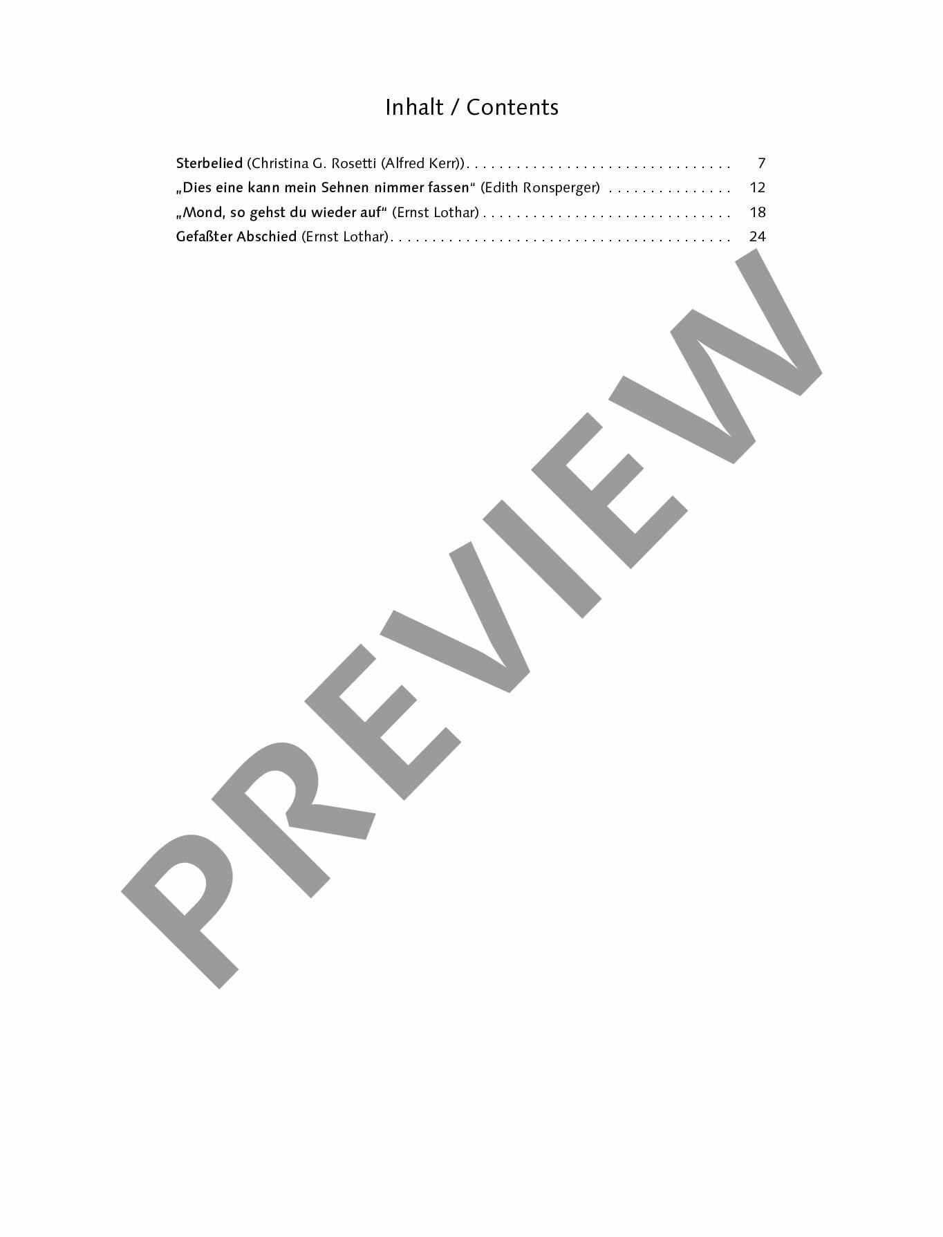 Lieder des Abschieds: Fassung für mittlere Stimme, Klavier und Streichquartett mit Kontrabass ad lib.. op. 14. mittlere Stimme, 2 Violinen, Viola, ... Partitur und Stimmen. (Edition Schott)