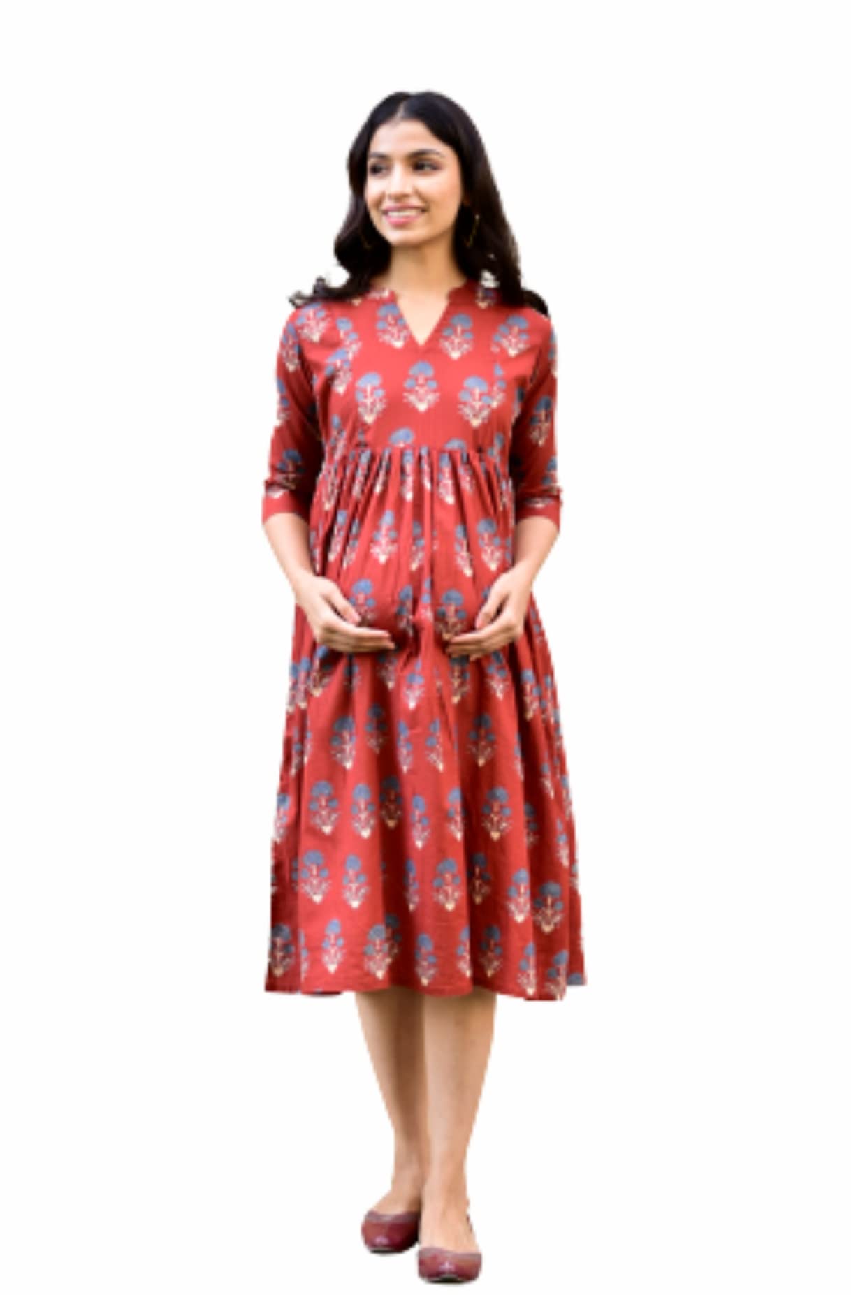 crafiqa Pre & Post Maternity/Nursing Wear Hand Block Printed Kurta Cum Midi Dress/Nighty with Both Sides Zipper for Easy Feeding for to Be Moms & Nursing Mothers � Pure Cotton � Mendhi Green-picture-29