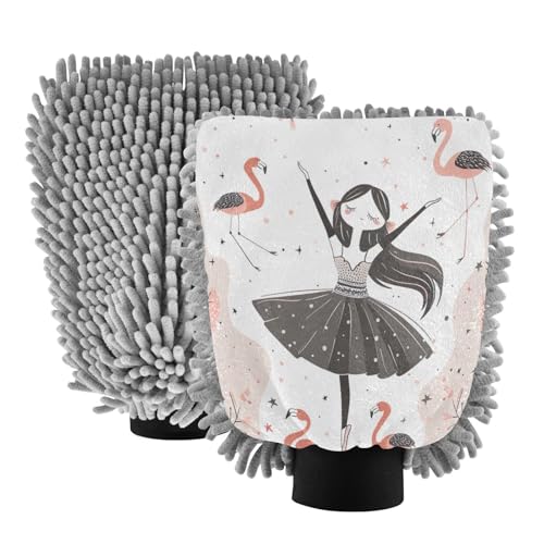 Kigai Ballet Girl and Flamingo Car Wash Mitt Microfiber, 2Pcs Scratch Free Lint-Free, Premium Chenille Microfiber Mitt Car Wash Brush-M