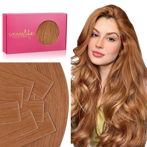 Image of WENNALIFE Invisi Edge Tape in Hair Extensions Human Hair | 22 Inch 50g 20pcs Auburn Ginger Invisi Remy Hair tensions Natural Seamless Injected Tape Ins Straight