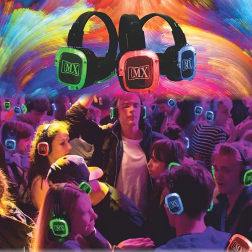 Image of MX Wireless Silent Headphones & 3-Channel Transmitter Bundle - Wireless Rechargeable Headphones with LED Channel Indicators, Adjustable Fit Ideal for Silent Discos, Yoga, Concerts (Pack of 10)