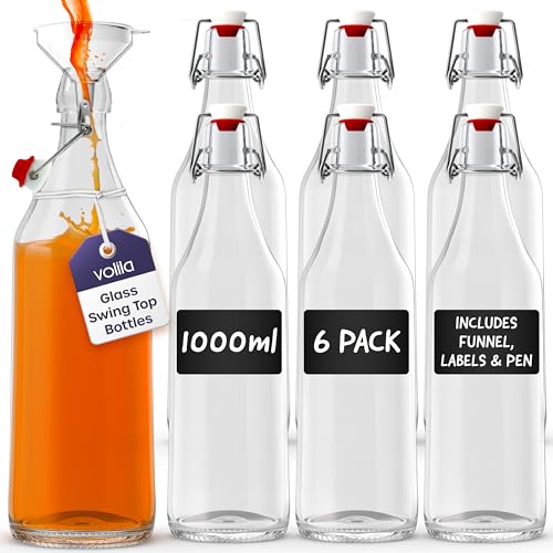 volila Glass Bottles with Stoppers - 1000ml Clear Swing Top Bottle for Homebrewing and Beverages - 1L Flip Top Bottles with Leak Proof Caps Labels Pen and Funnel (6 Pack)
