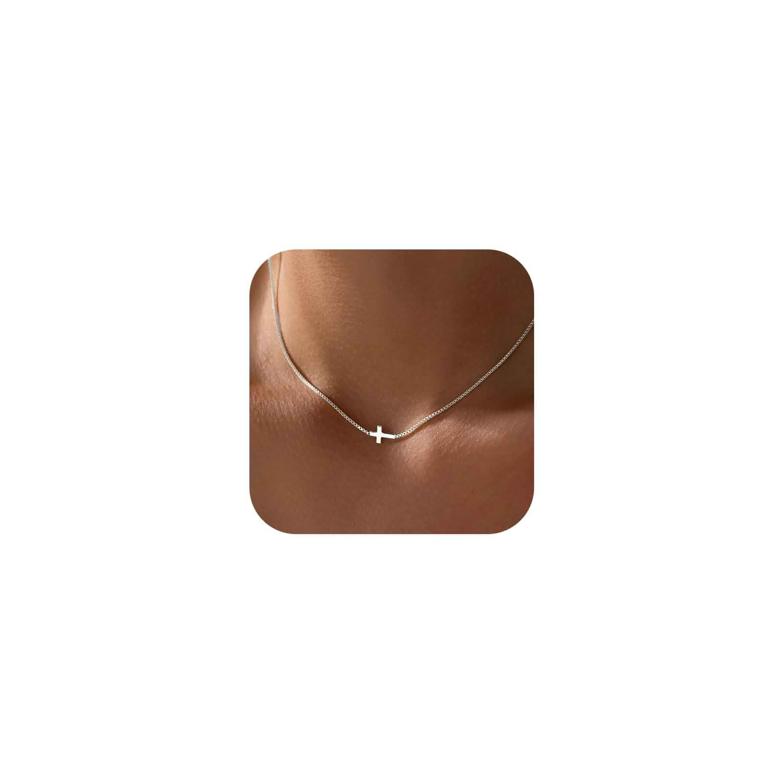 Rotnso Cross Necklace for Women 14K Gold Plated Dainty Small Pendant Choker Non Tarnish Sideways Cross Charm Simple Box Chain Trendy Cute Easter Basket Stuffers Baptism Religious Faith Jewelry Gift