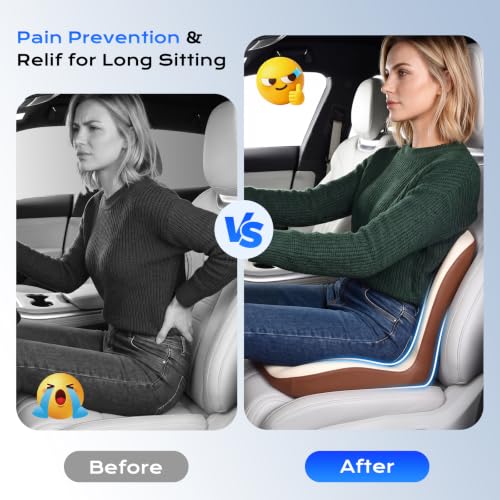 Image of Coverado Car Seat Cushion and Lumbar Support Pillow One Piece, Memory Foam Ergonomic Back Support Driving Seat Cushion for Back Pain, Non-Slip Washable Cushion for Car, Driver, Office