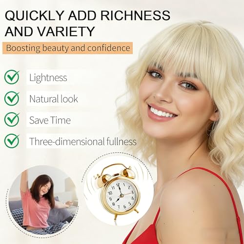 Image of AGO Blonde Wig with Bangs Short Curly Bob Wigs 14Inch Platinum Blonde Wigs Wavy Hair for Women Colorful Cosplay Wig Heat Resistant Fiber Hair for Daily Party Halloween Costume Use(60A /88#Blonde)
