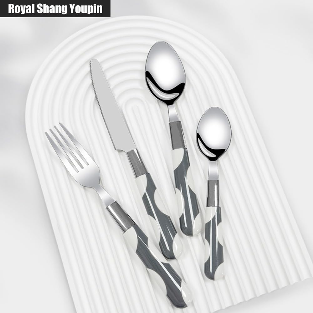 Manico in Plastica Cucina Acciaio Inossidabile Posate Stoviglie Posate Set Coltello Da Bistecca Forchetta Cucchiaio Cucchiaino (UN,16 pezzi)