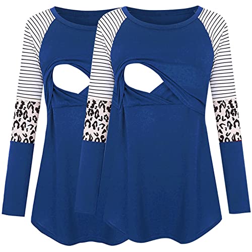 Camiseta de manga corta para maternidad con botón lateral y cuello redondo, color liso, para lactancia, paquete de 3 túnica para mujer, manga larga, Azul D., M