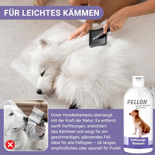 Fellon Entfilzungsshampoo für Hunde – Sanfte, pH-neutrale Pflege für leichtes Entfilzen – Biologisch – Für alle Rassen, Langhaar & Kurzhaar – Verhindert Verfilzungen & Juckreiz – 500 ml