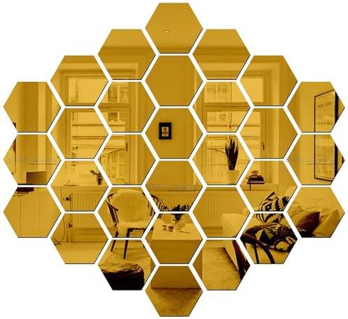 Image of Bikri Kendra - Hexagon 30 Golden Mirror Stickers for Wall Decor - Acrylic Mirror, Acrylic Hexagonal Stickers for Hall, Bed Room Kitchen