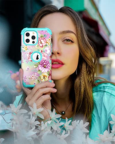 Image of Hocase for iPhone 13 Pro Max Case, Heavy Duty Shockproof Protection Soft Silicone Rubber Bumper+Hard Plastic Hybrid Protective Case for iPhone 13 Pro Max (6.7 inch) 2021 - Purple Florals /Teal