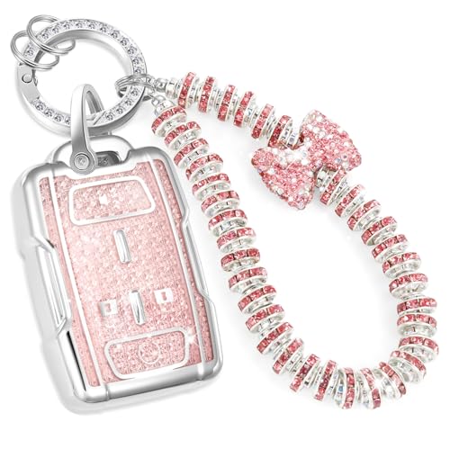 Image of Key Fob Cover for GMC, Rhinestone Wristlet Keychain Case, Pink