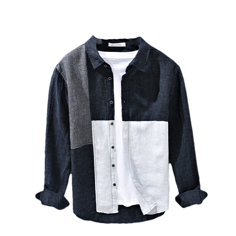 Camisa de lino de verano para hombre, manga larga, con solapa fina, retazos, estilo Harajuku, informal, a cuadros, 2085 Deep Blue, M