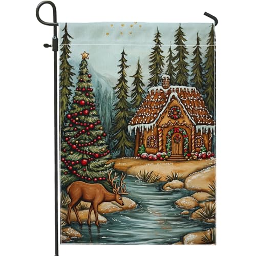 Bandiera da giardino invernale del paese delle meraviglie, bandiera rustica con cervi, bandiera su entrambi i lati per esterni in iuta per le vacanze di Natale, decorazione stagionale del prato 30,5 x