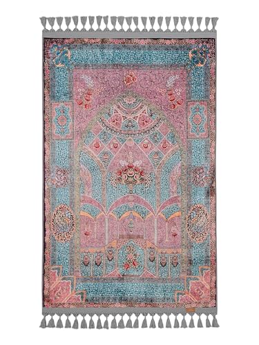 Alfombra de oracion turca tradicional con diseno floral rosa y borlas grises elegantes 2