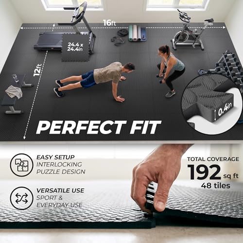 Image of bemaxx Gym Mats Set - 48 pcs EVA Interlocking Foam Floor Tiles (24.4 inchx24.4 inchx0.4 inch) 192 sqft Protective Gym Flooring Sports Home Workout Exercise Mats Puzzle Garage Fitness Play-Room Pool Treadmill Bike