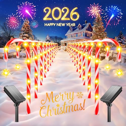 24 Pack Upgraded Solar Candy Cane Lights Outdoor Christmas Decorations Outdoor Solar Christmas Pathway Lights Waterproof with USB Charging 10 Modes for Yard Garden Lawn Path Walkway Party Xmas Decor