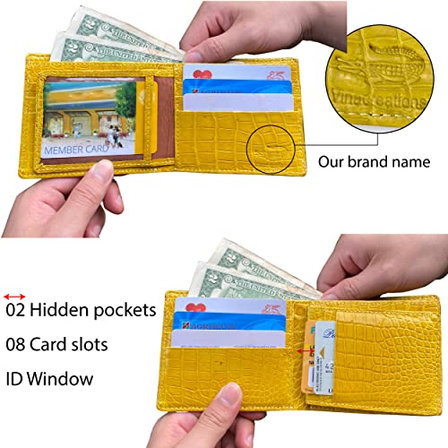Image of HATA Yellow Exotic Bifold Leather Wallet for Men, RFID Blocking Wallet with ID Window and Credit Card Holder, Handmade Billfold Leather Wallet Men, Gift for Birthday, Father's Day VINAM-108