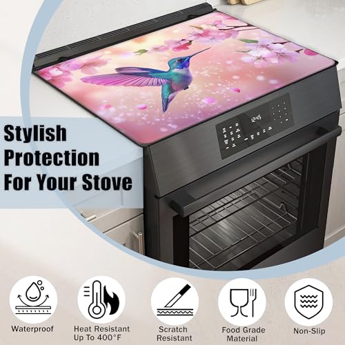 Image of Hummingbird Glass Top Stove Cover Protector,Pink Peach Flowers Stove Top Covers for Electric Stove,Washable Heat Resistant Cooktop Mat Anti-Slip Range Covers, 28 x 20 Inch